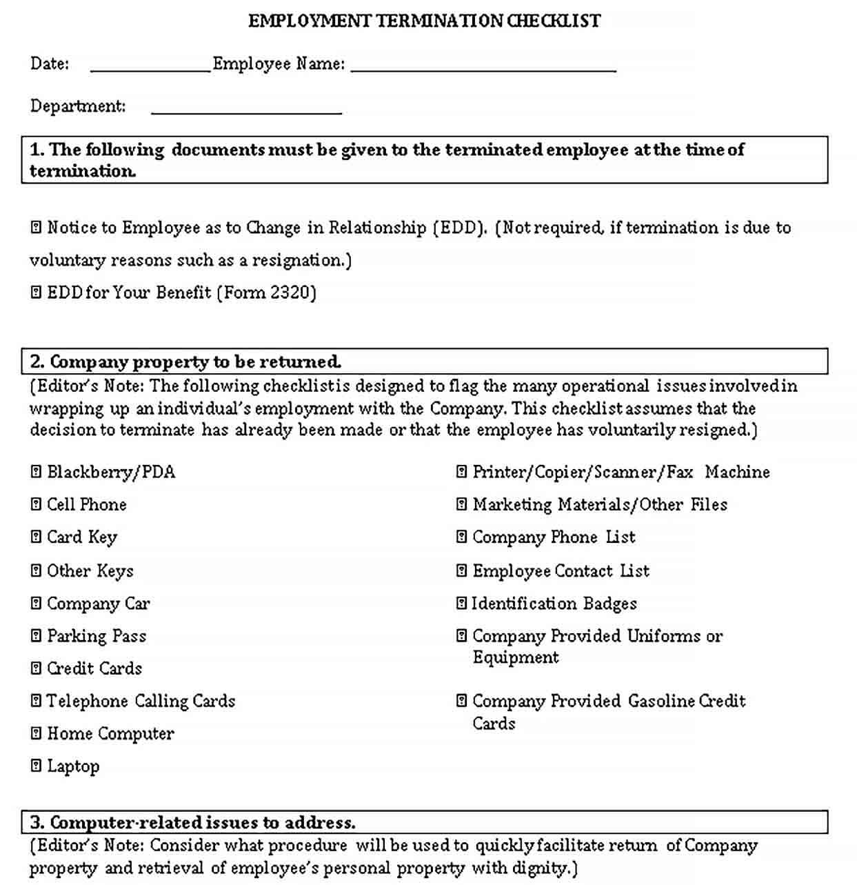 Sample DOC Format of Employment Termination Checklist Template