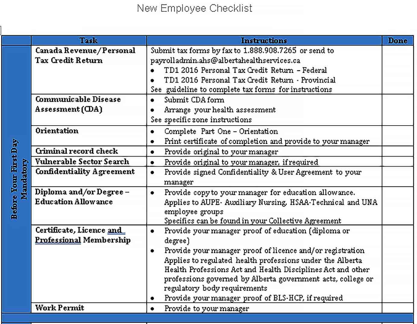 Sample DOC Format of New Hire Employee Checklist Template