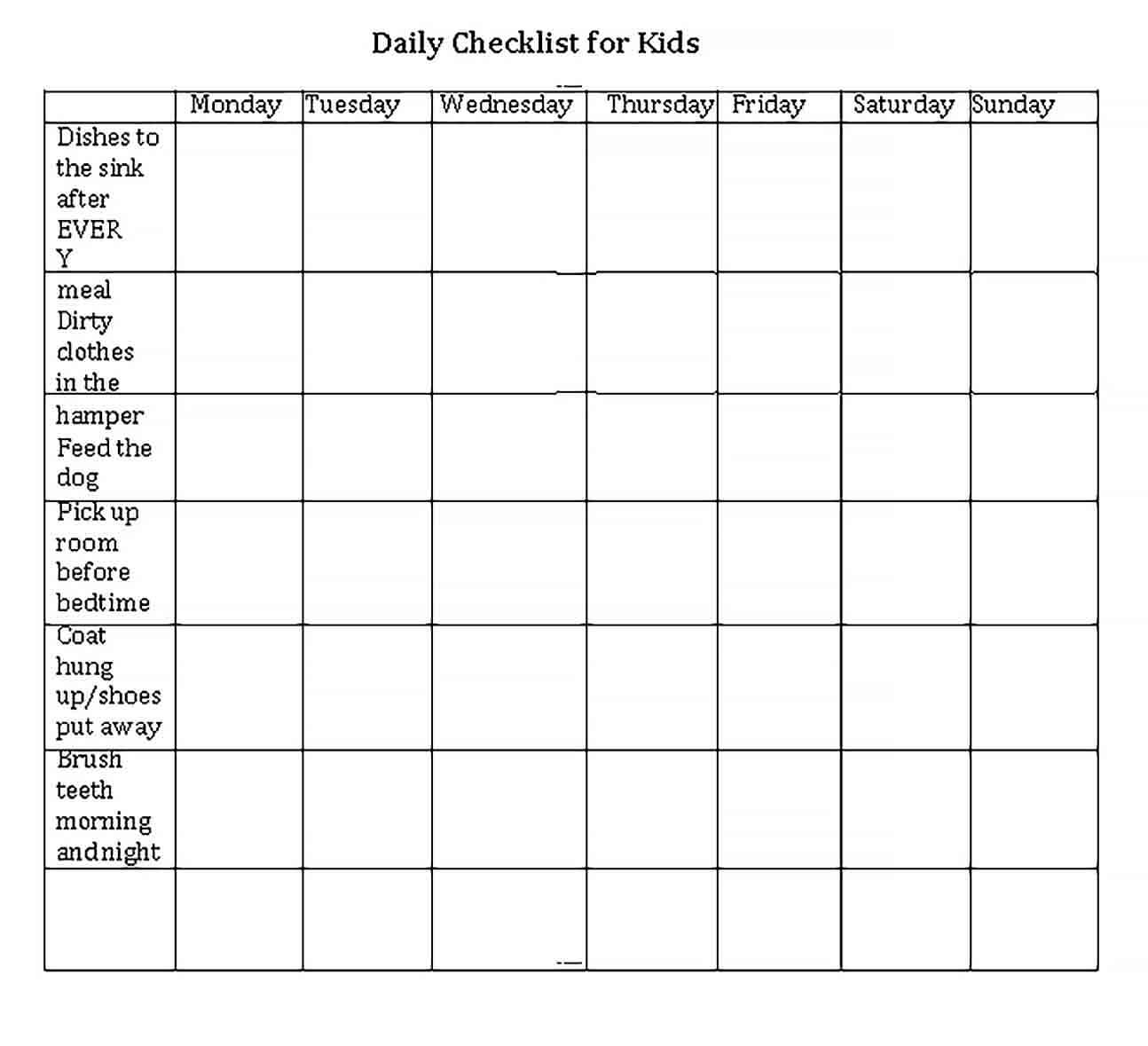 Sample Daily Checklist for Kids