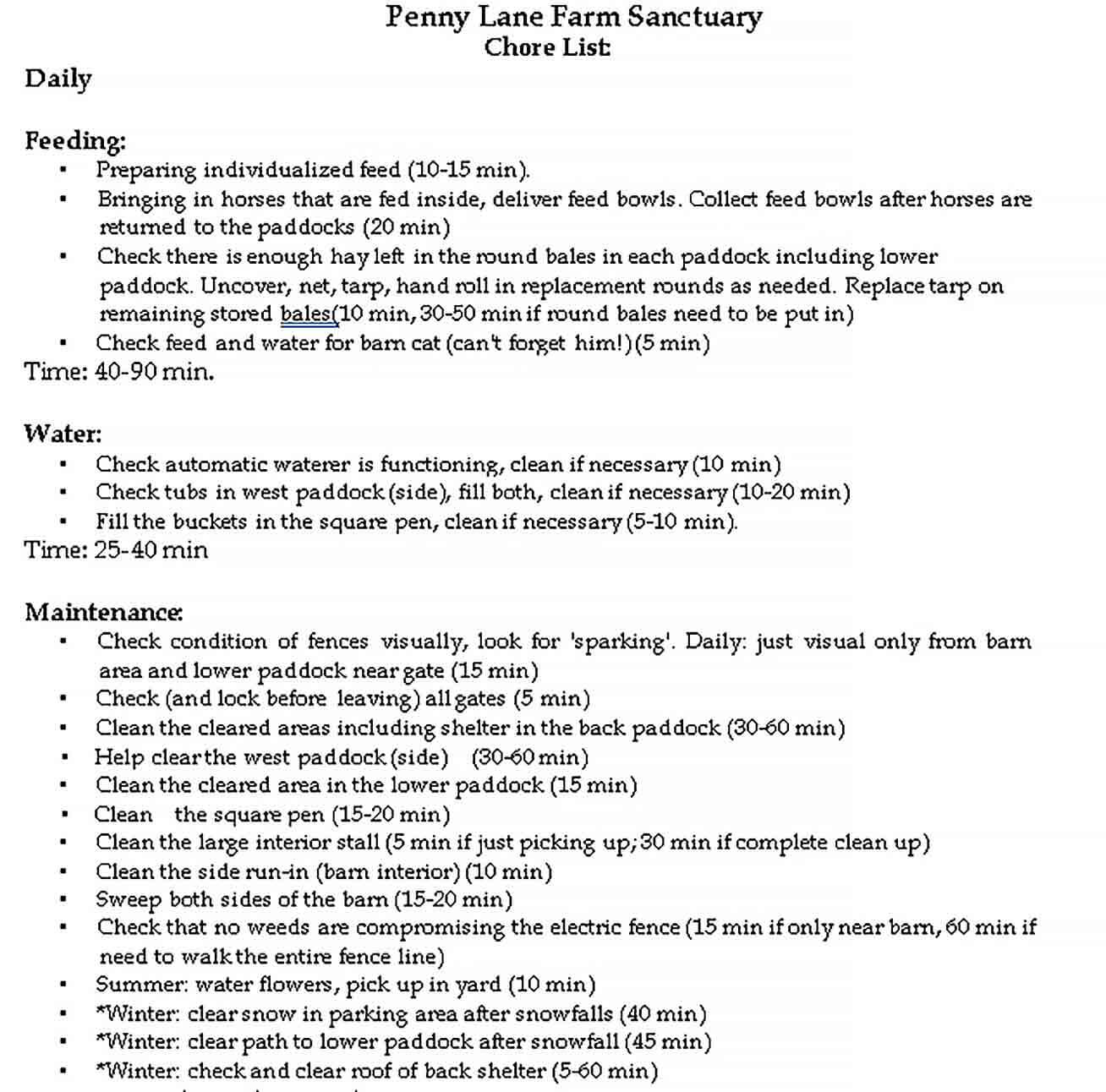 Sample Daily Chore Checklist