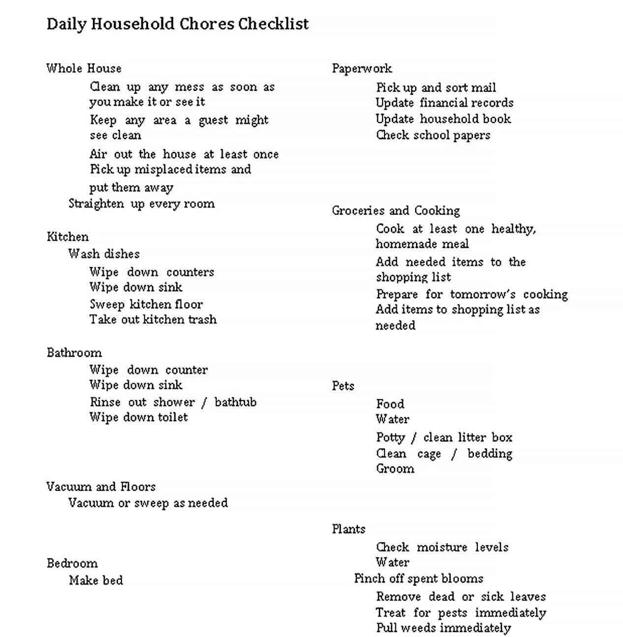 Sample Daily Household Chores Checklist