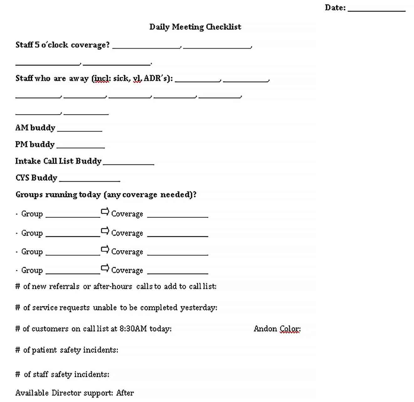 Sample Daily Meeting Checklist Template 1