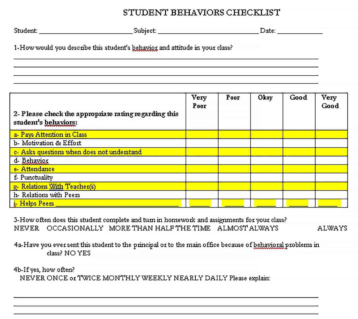 Sample Daily Student Behavior Checklist