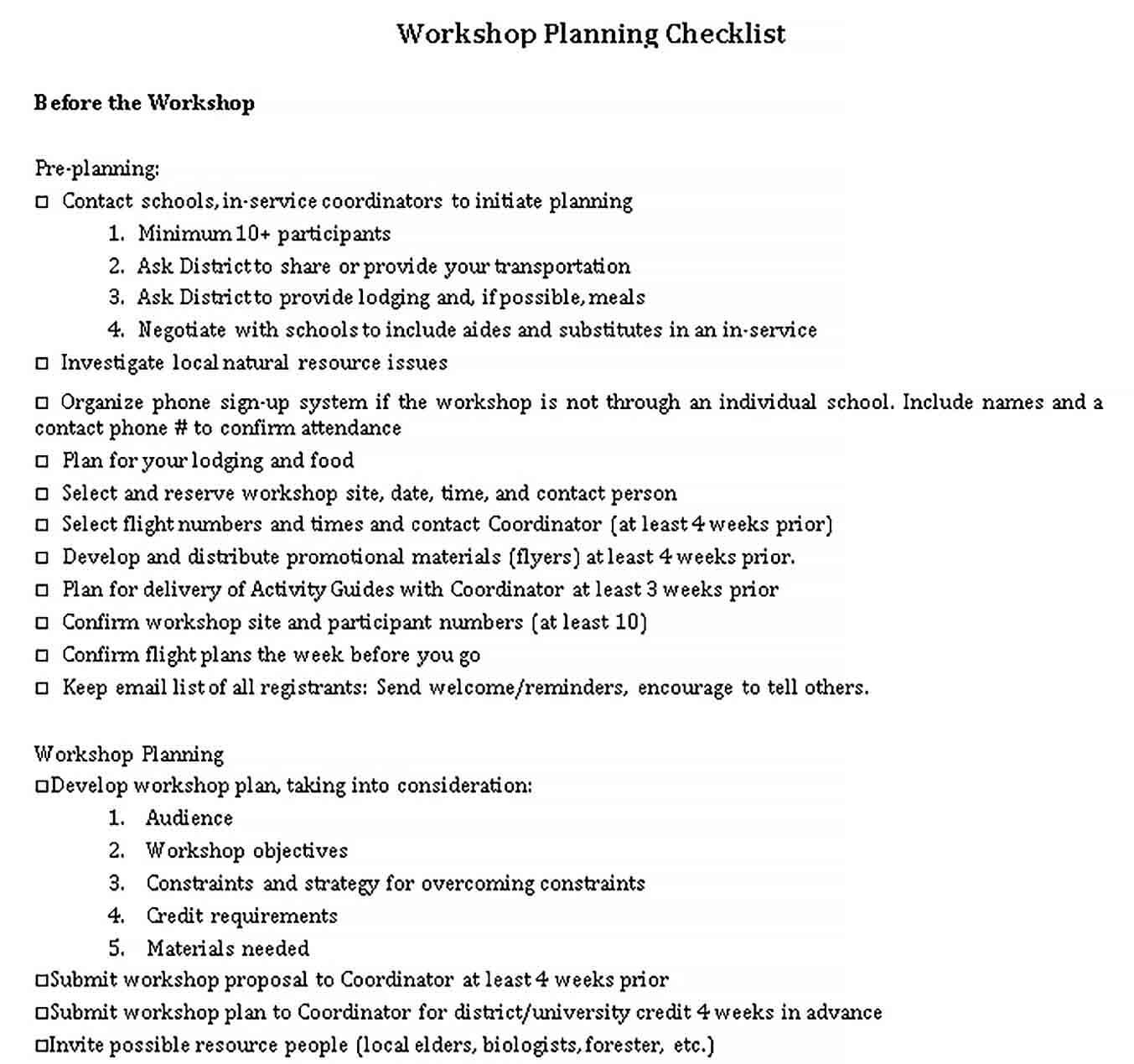 Sample Daily Workshop Planning Checklist Sample