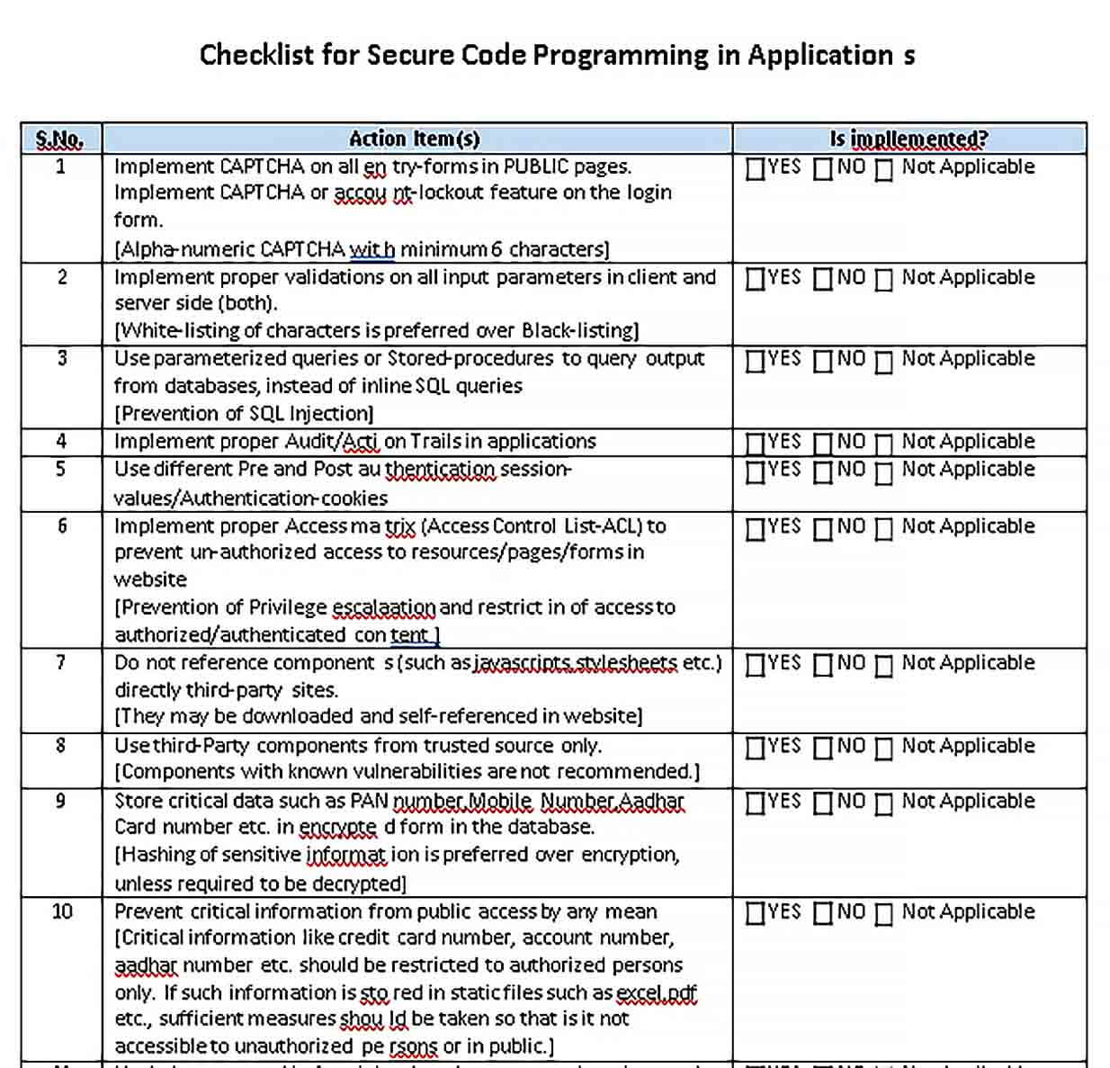 Sample Database Security Application Checklist Template