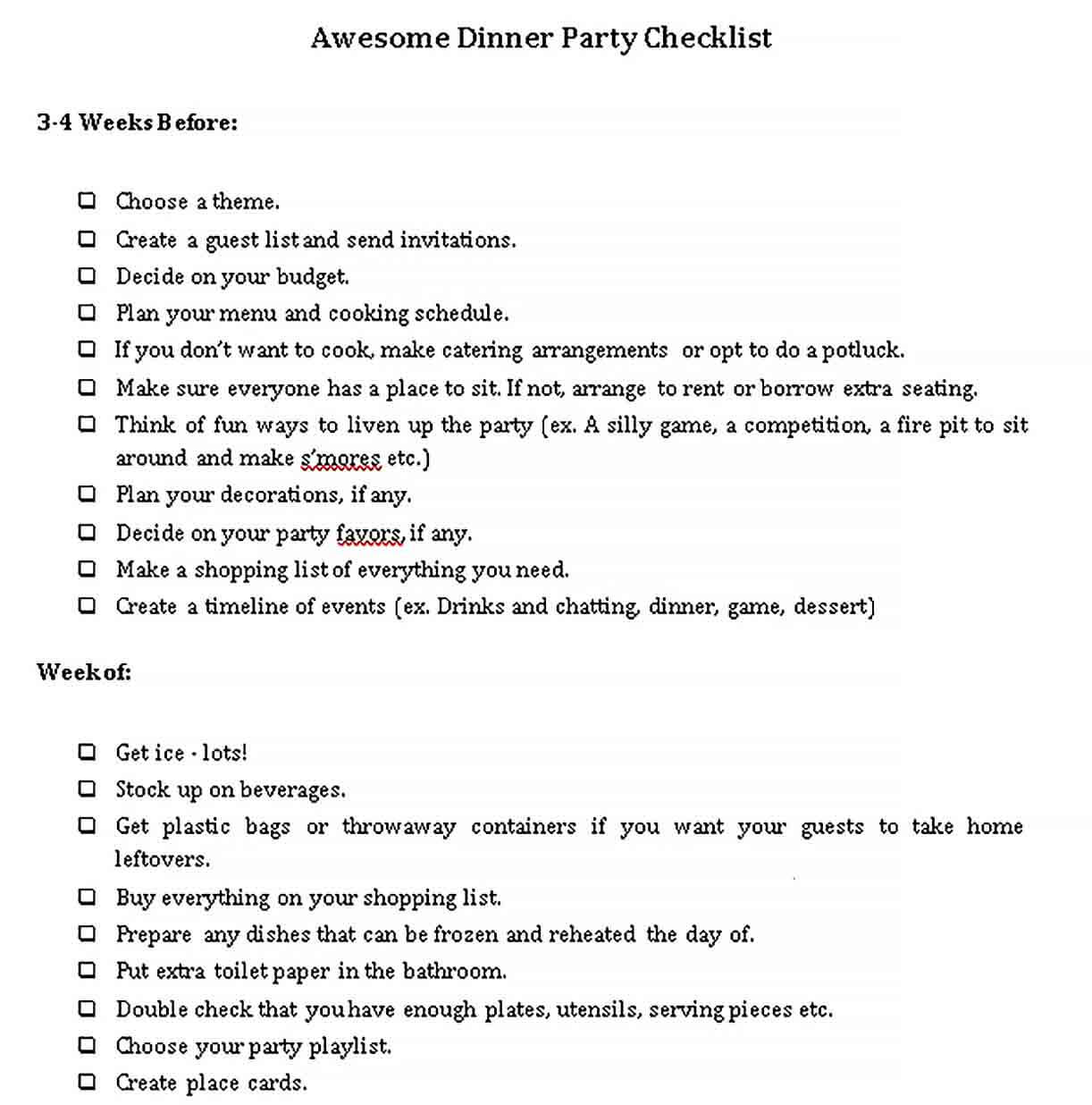 Sample Dinner Party Checklist Template