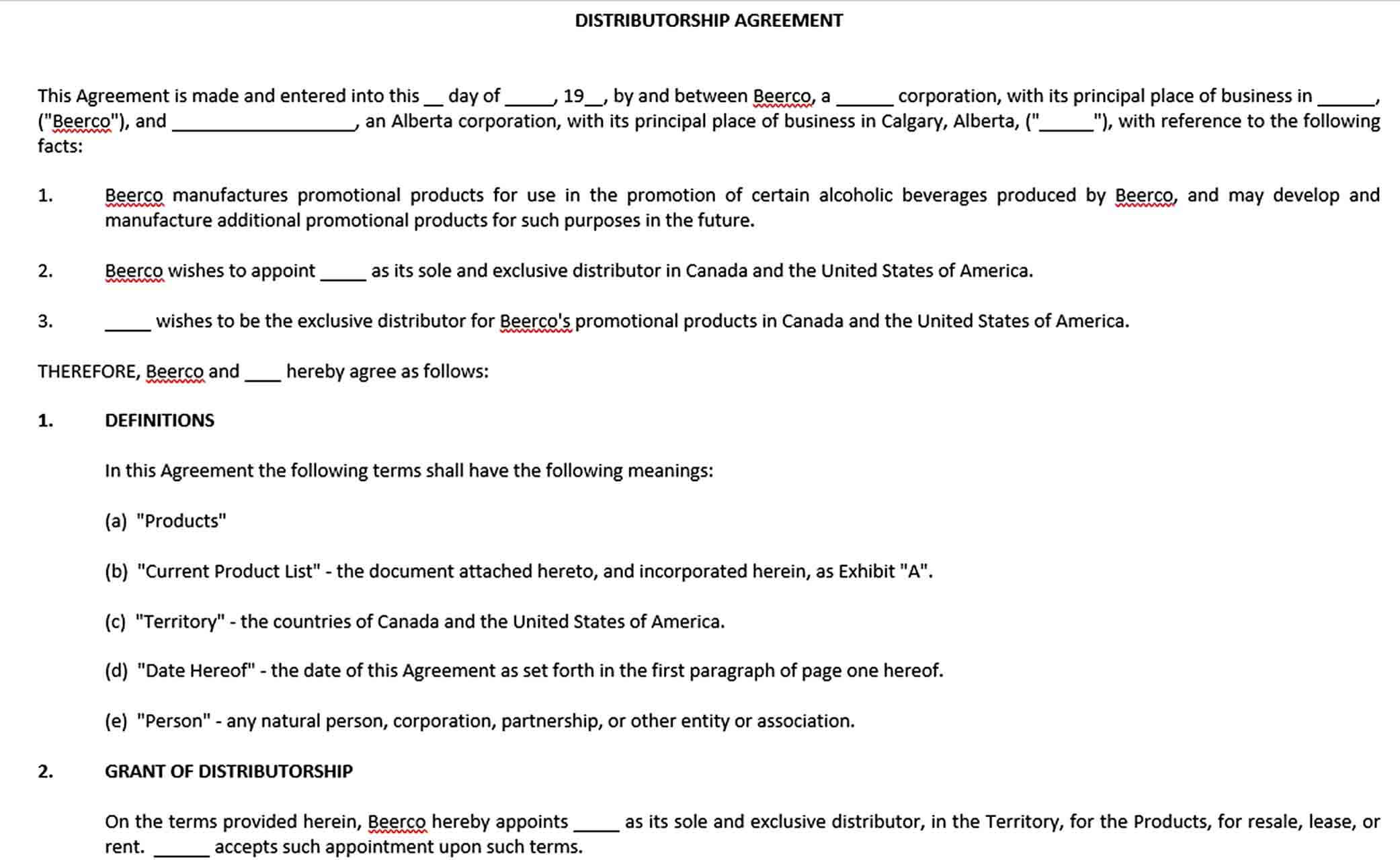 Sample Distributorship Agreement Template Word Document