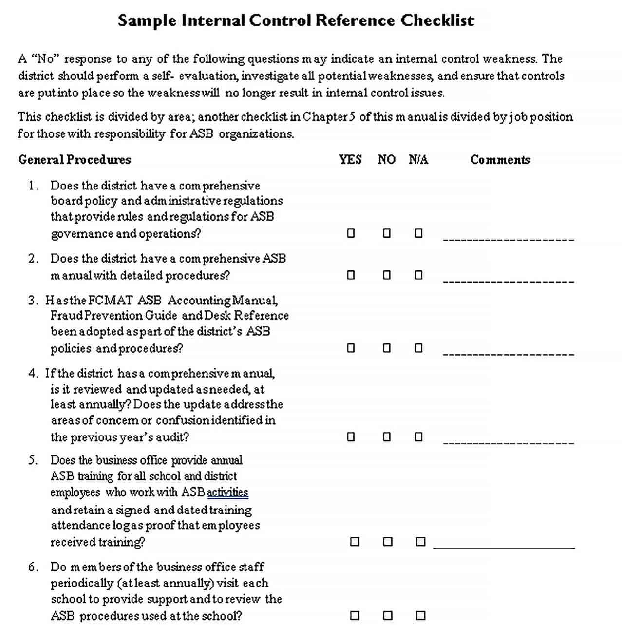 Sample District Internal Control Reference Checklist Template 1
