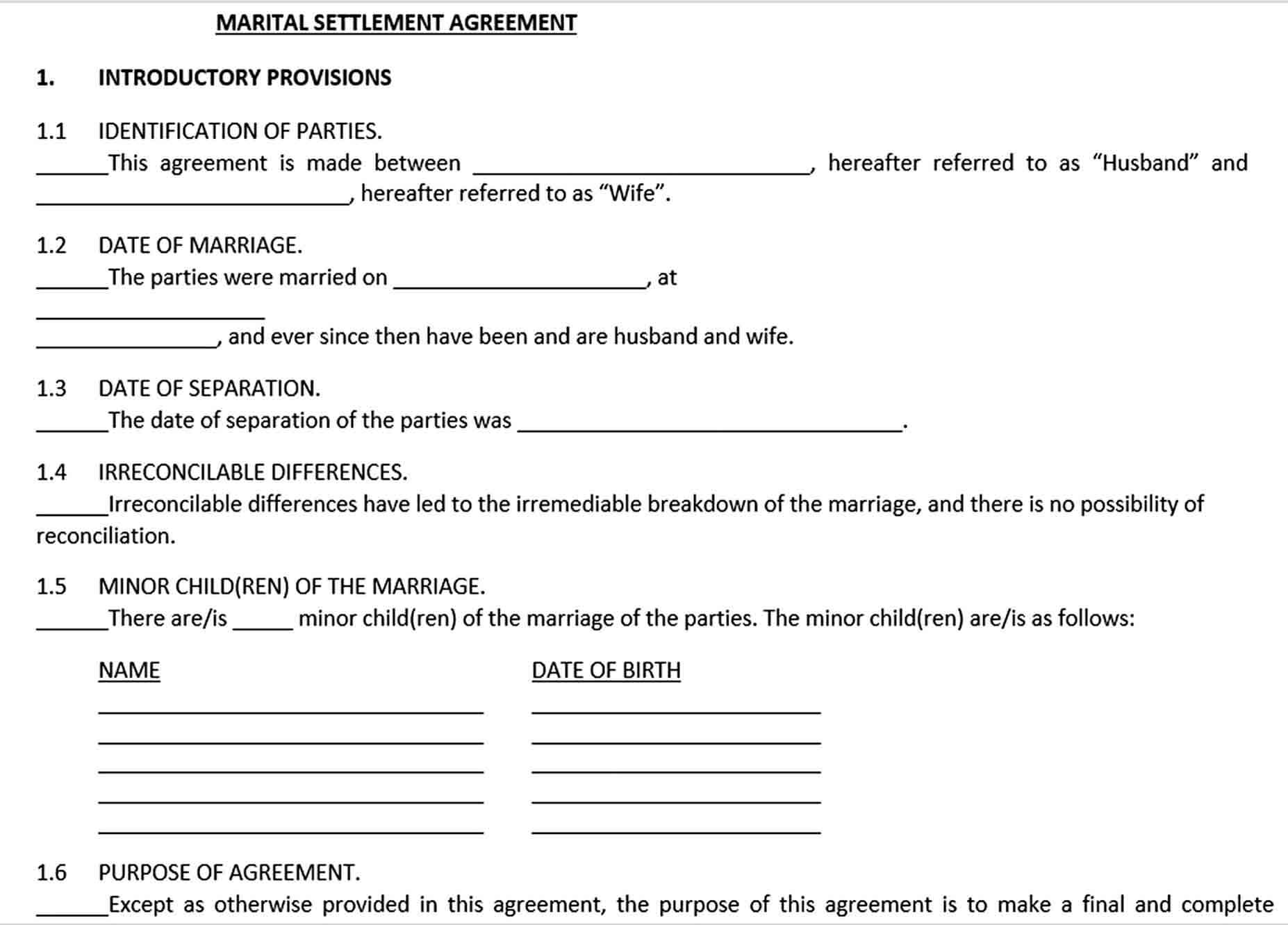 Sample Divorce Settlement Agreement Template