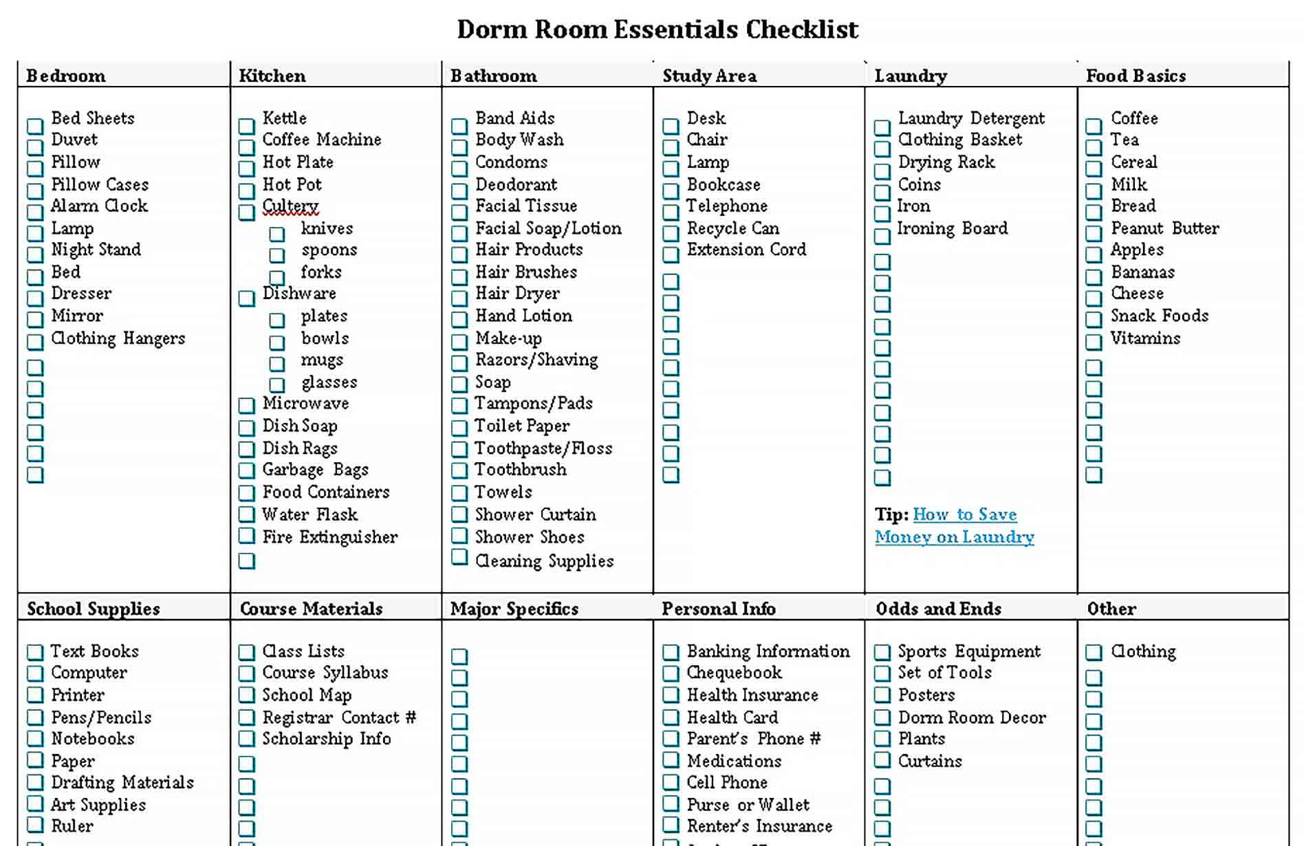 Sample Dorm Room Essentials Checklist