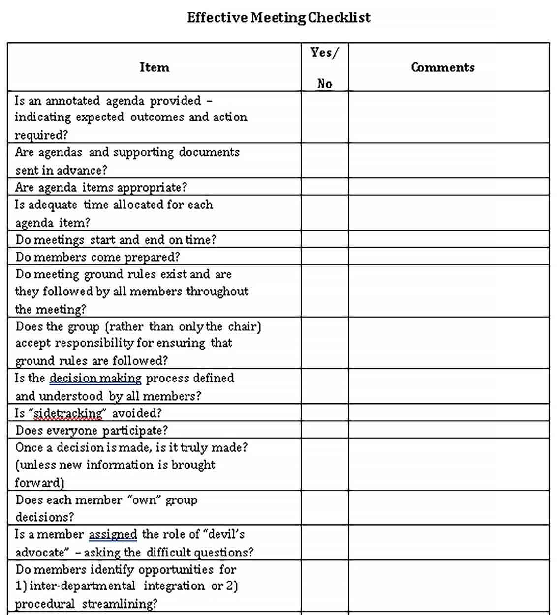 Sample Effective Meeting Checklist Template