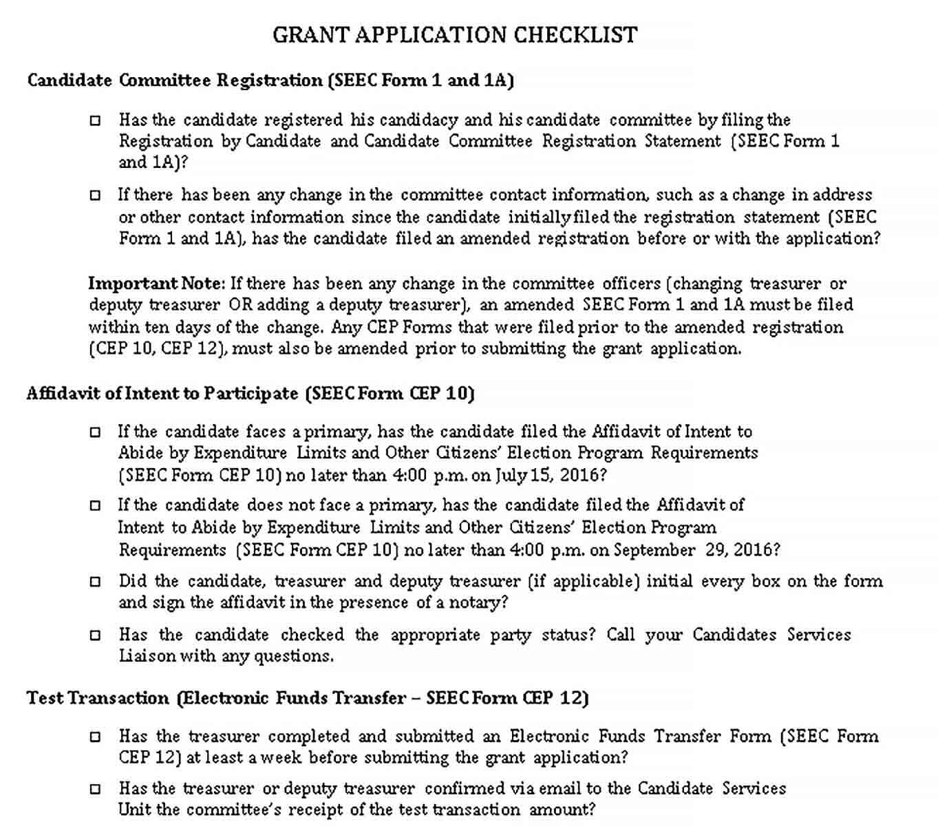 Sample Election Grant Application Checklist Template