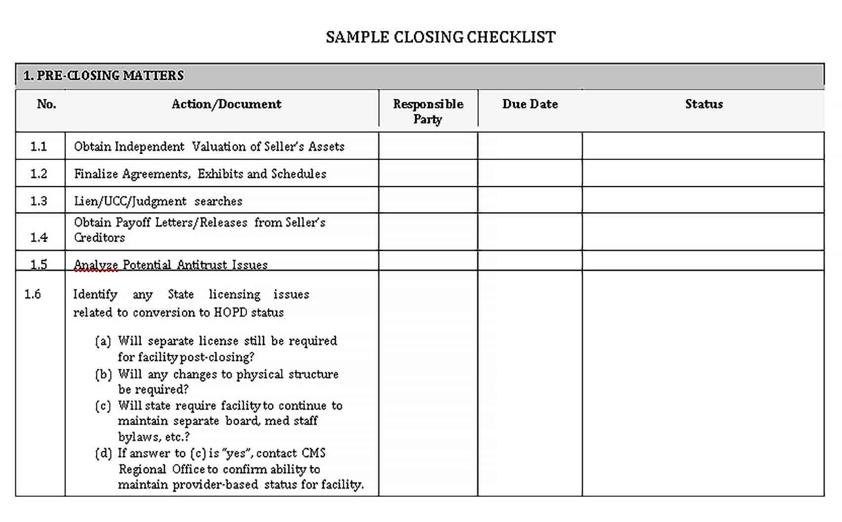 Sample Elegant Closing Checklist Template