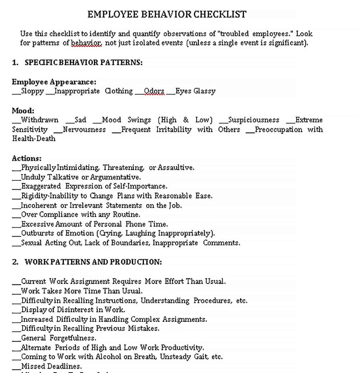 Sample Employee Behavior Checklist