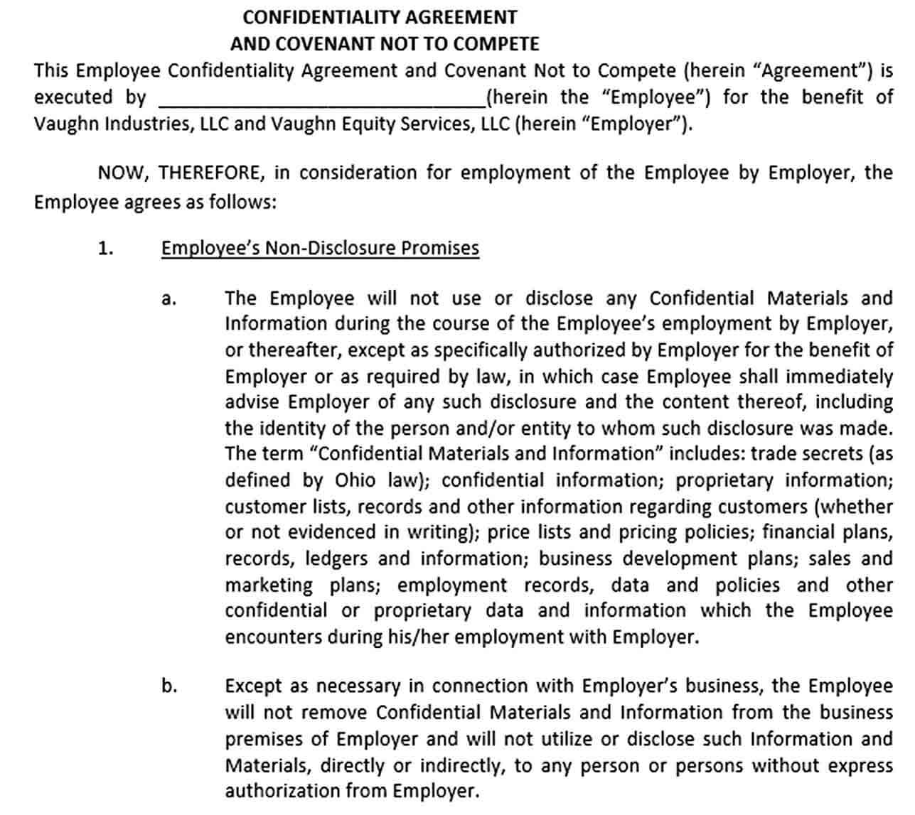 Sample Employee Confidentiality Agreement Example