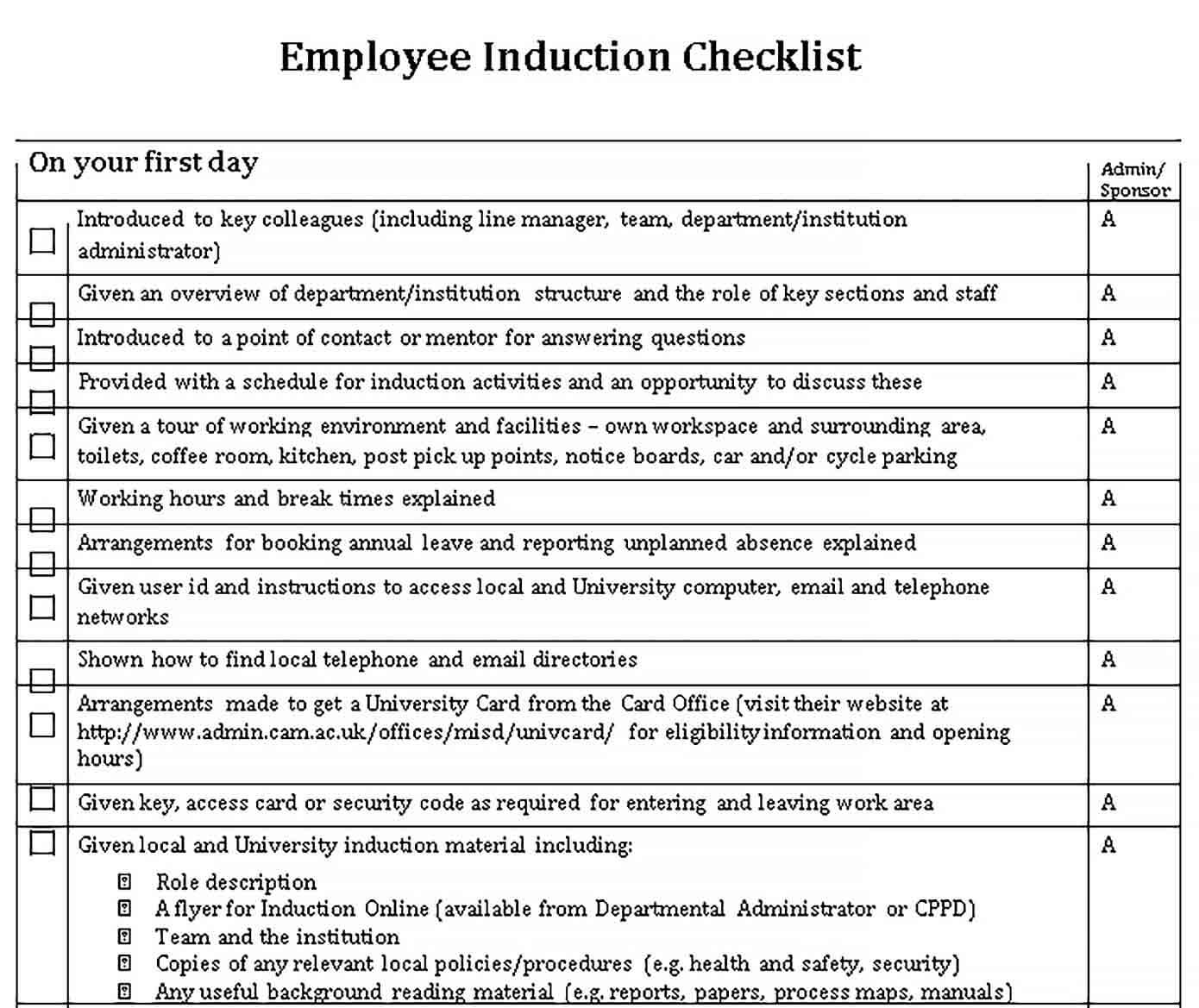 Sample Employee Induction Checklist
