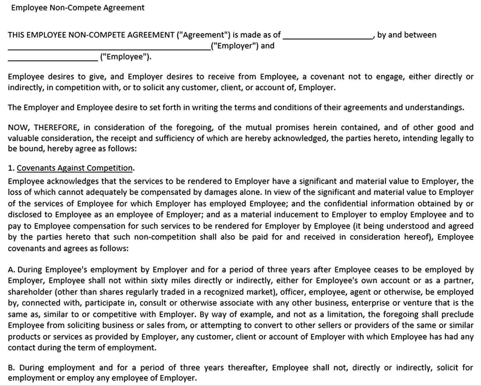 Sample Employee Non Compete Agreement Form