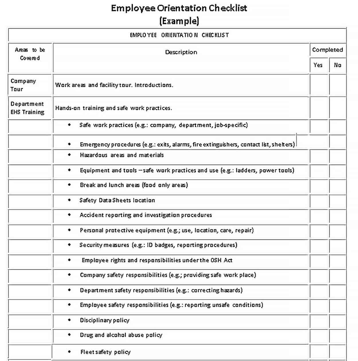 Sample Employee Orientation Checklist