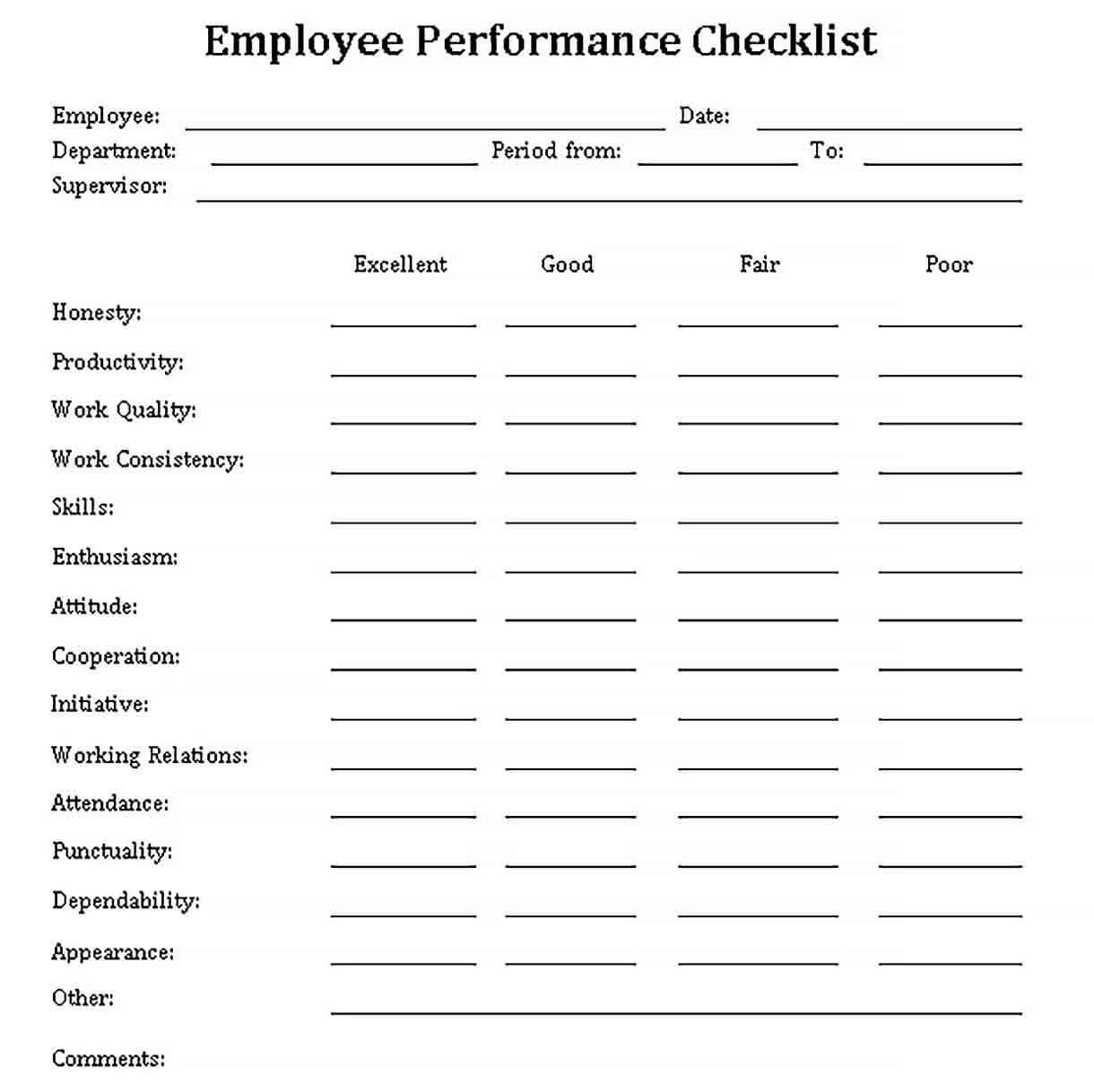 Sample Employee Performance Checklist