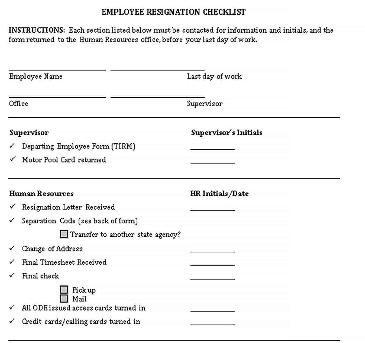 Sample Employee Resignation Checklist Template