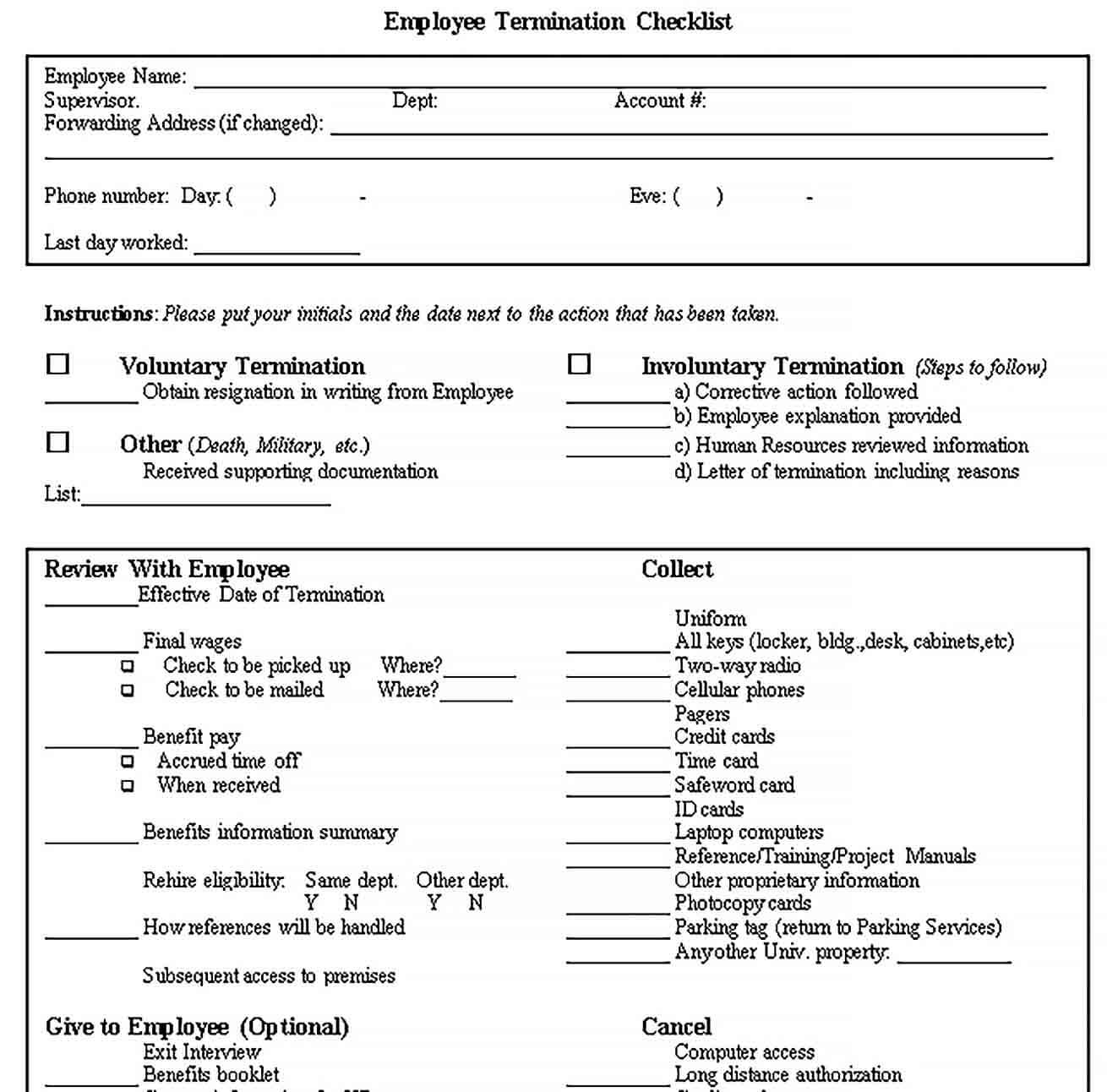 Sample Employee Termination Checklist DOC Format Template