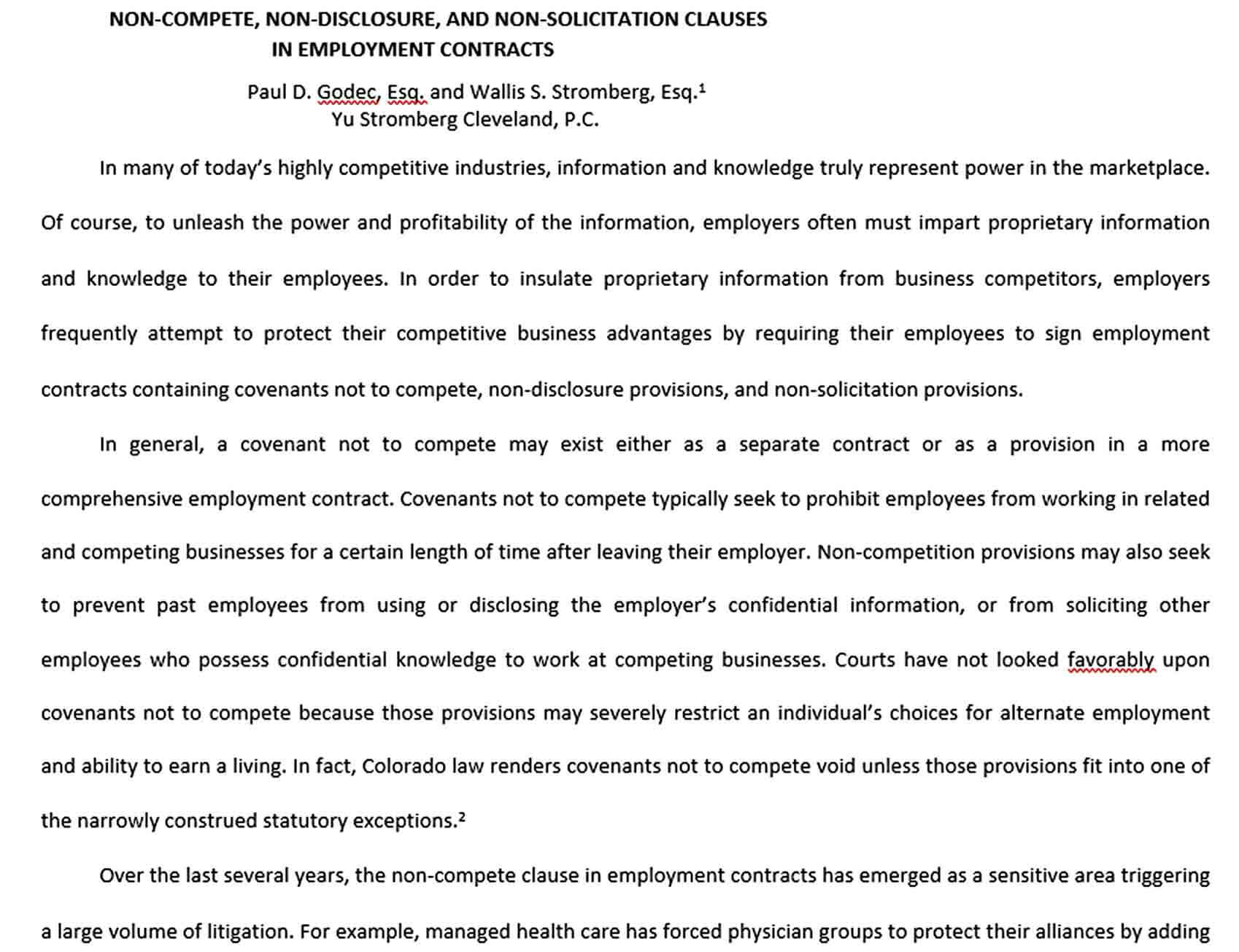Sample Employment Non Compete Agreement