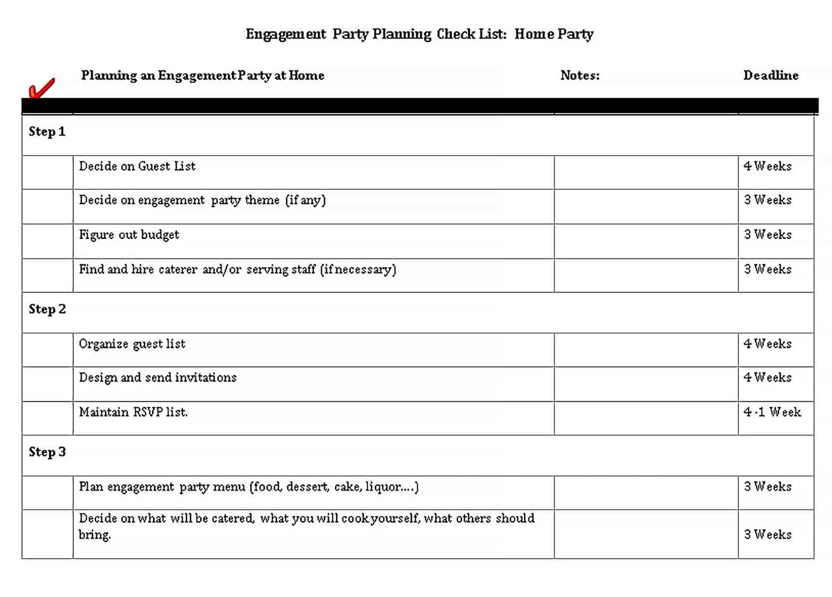 Sample Engagement Party Checklist Template
