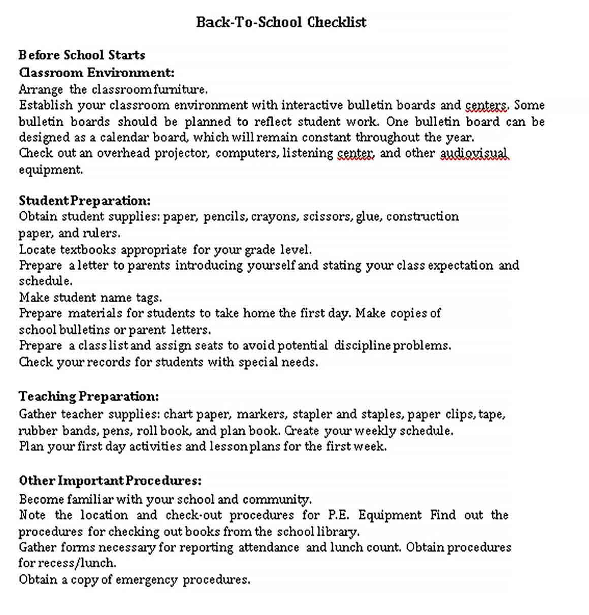 Sample Environment School Checklist