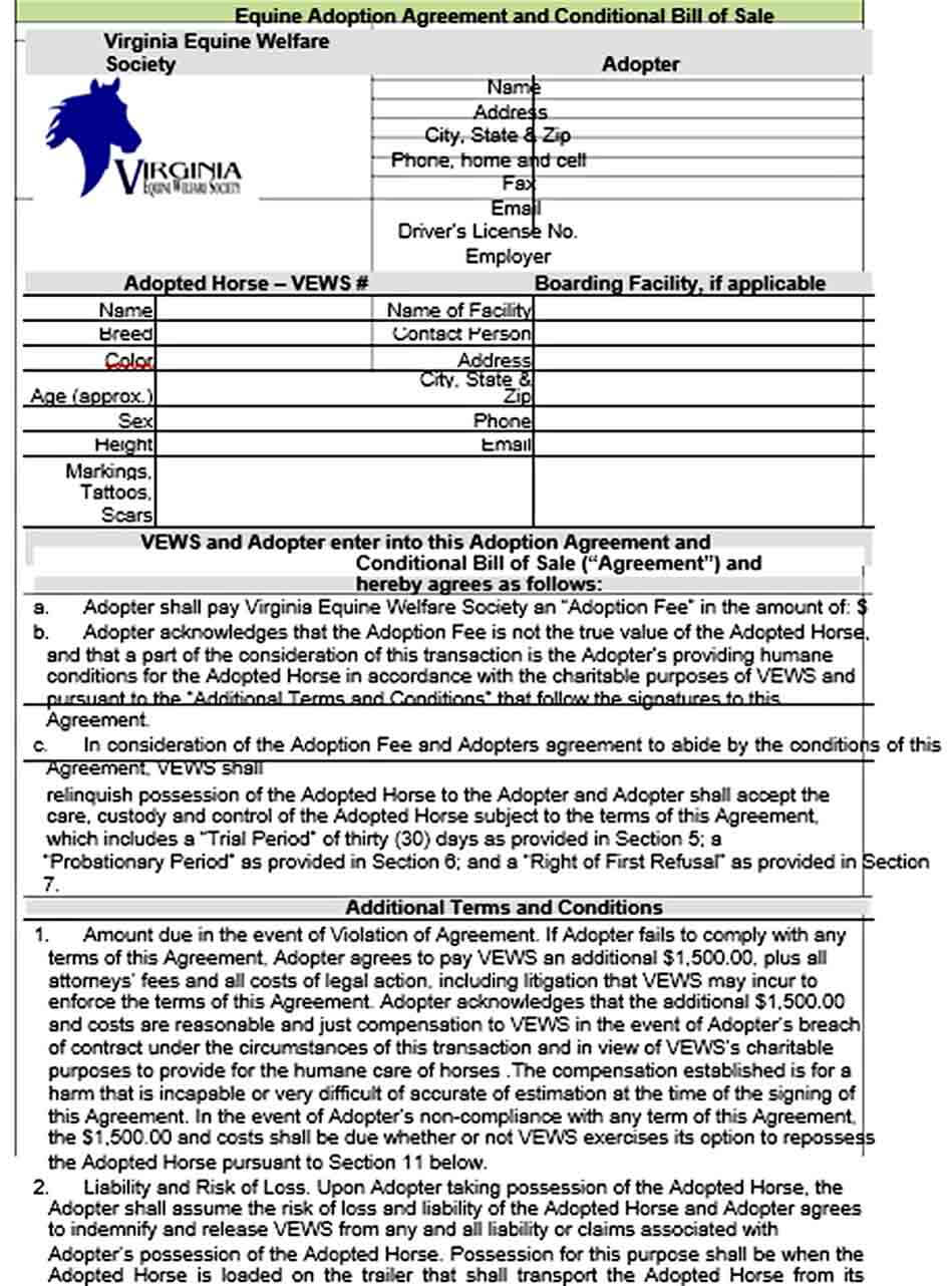Sample Equine Adoption Agreement and Conditional Bill of Sale