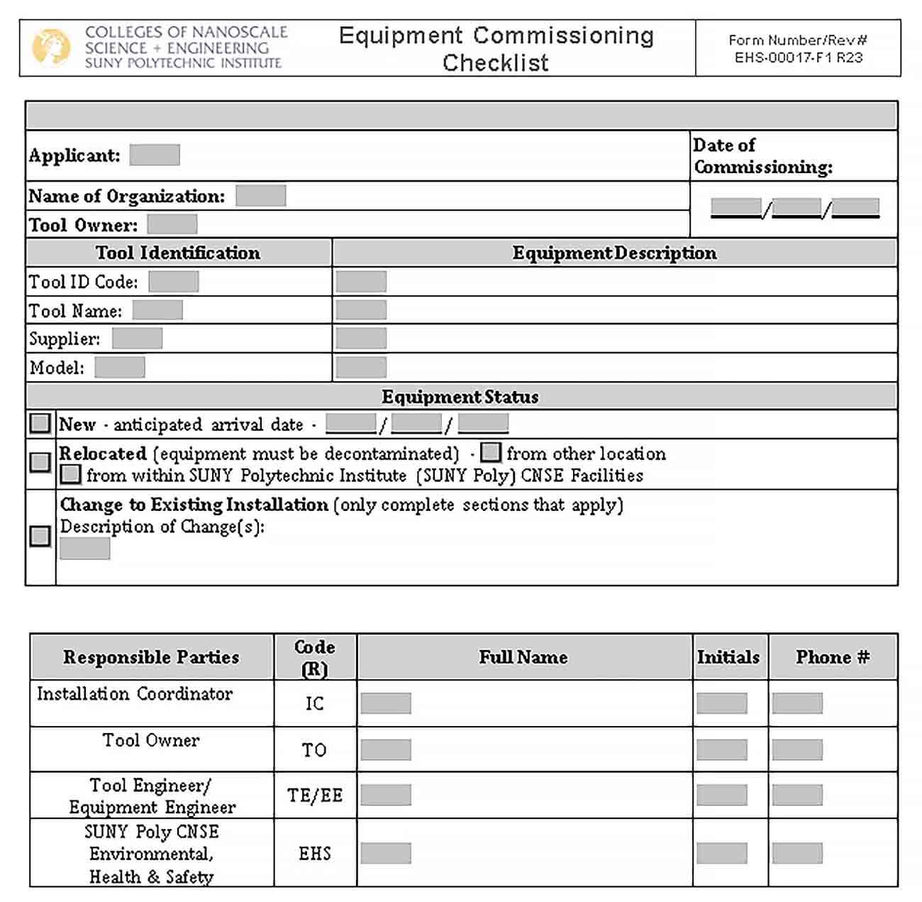 Sample Equipment Commissioning Checklist Template