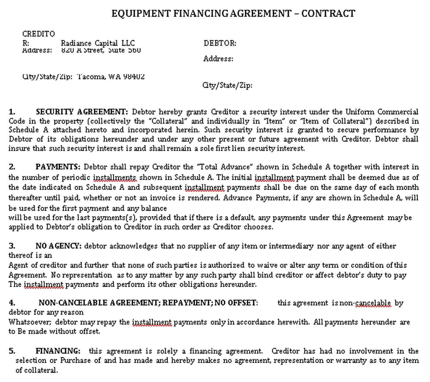 Sample Equipment Finance Agreement