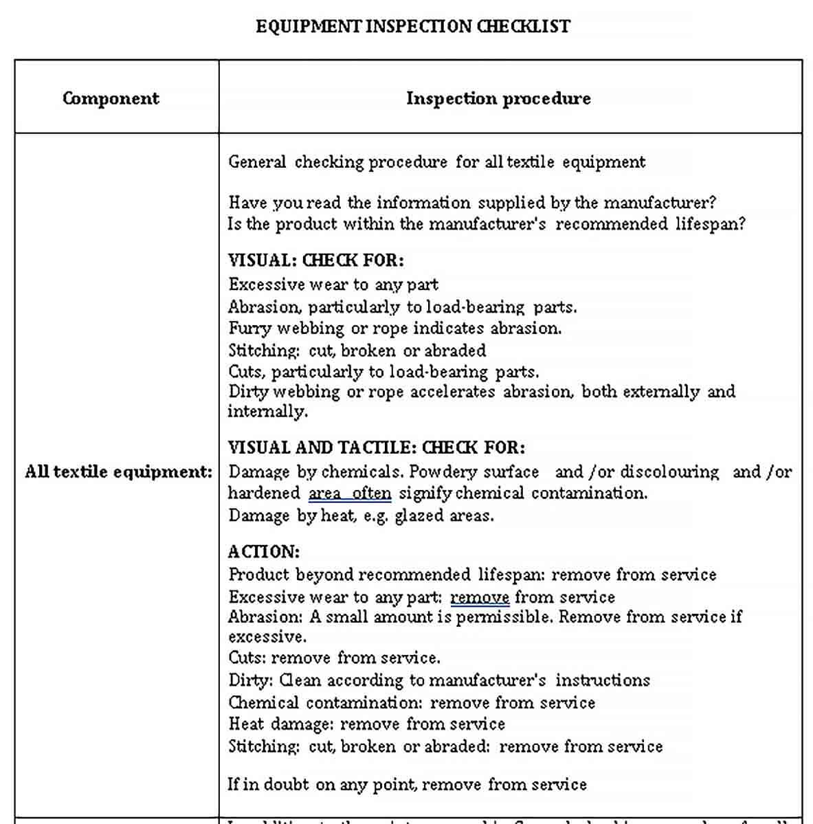 Sample Equipment Inspection Checklist Template 1
