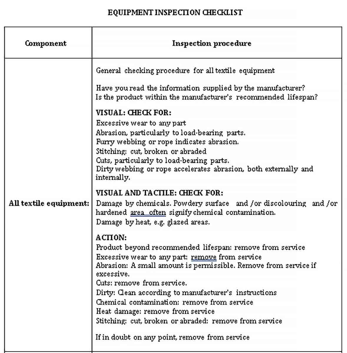 Sample Equipment Inspection Checklist Template