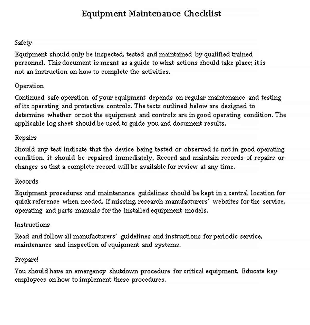 Sample Equipment Maintenance Checklist Template