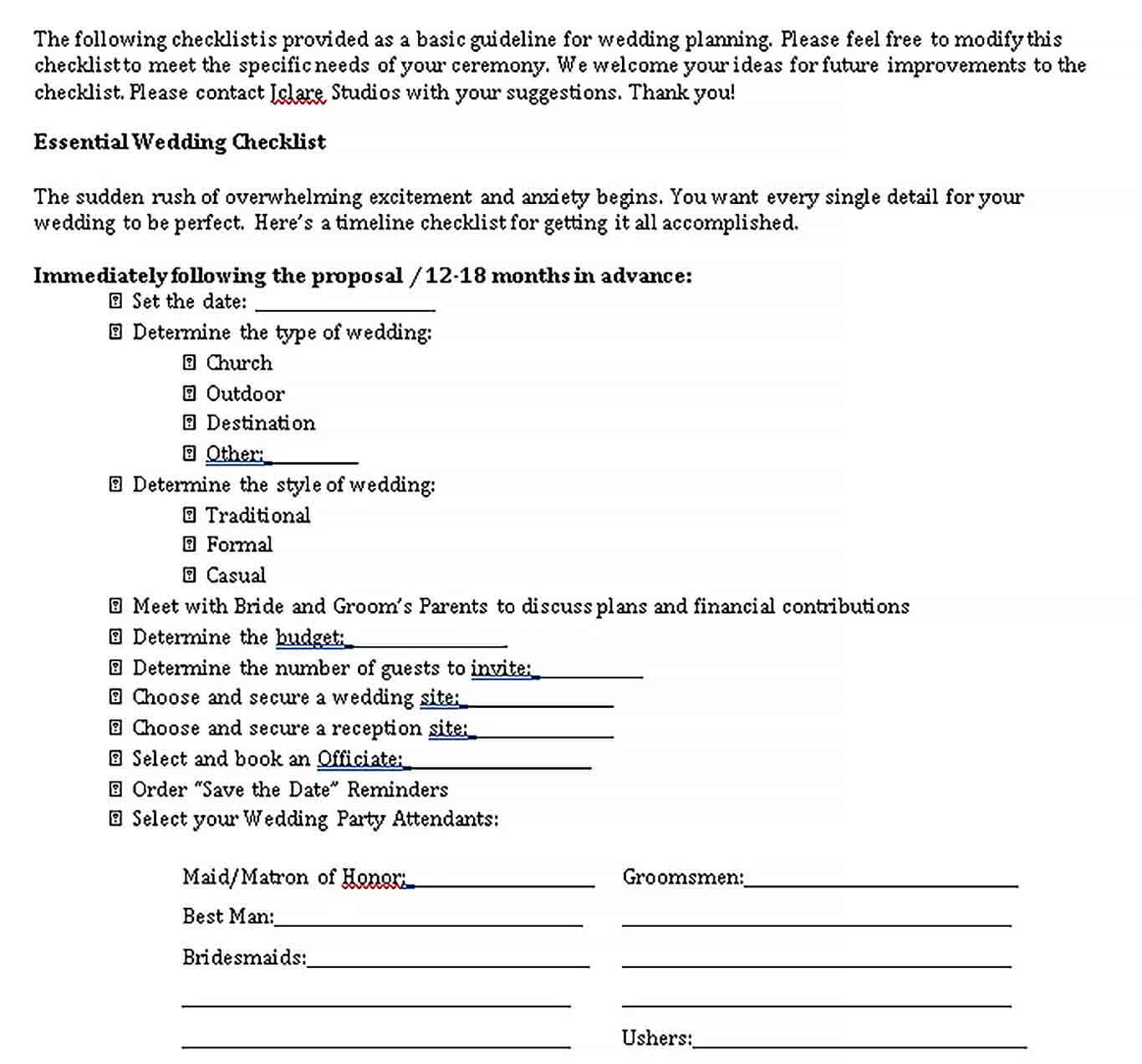 Sample Essential Wedding Checklist 1