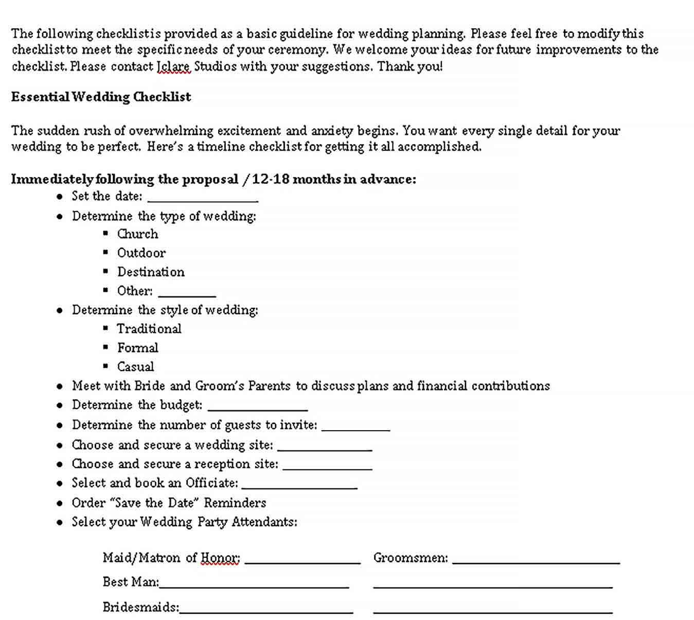 Sample Essential Wedding Checklist