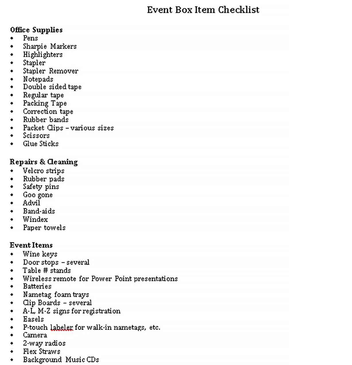 Sample Event Box Items Checklist Template
