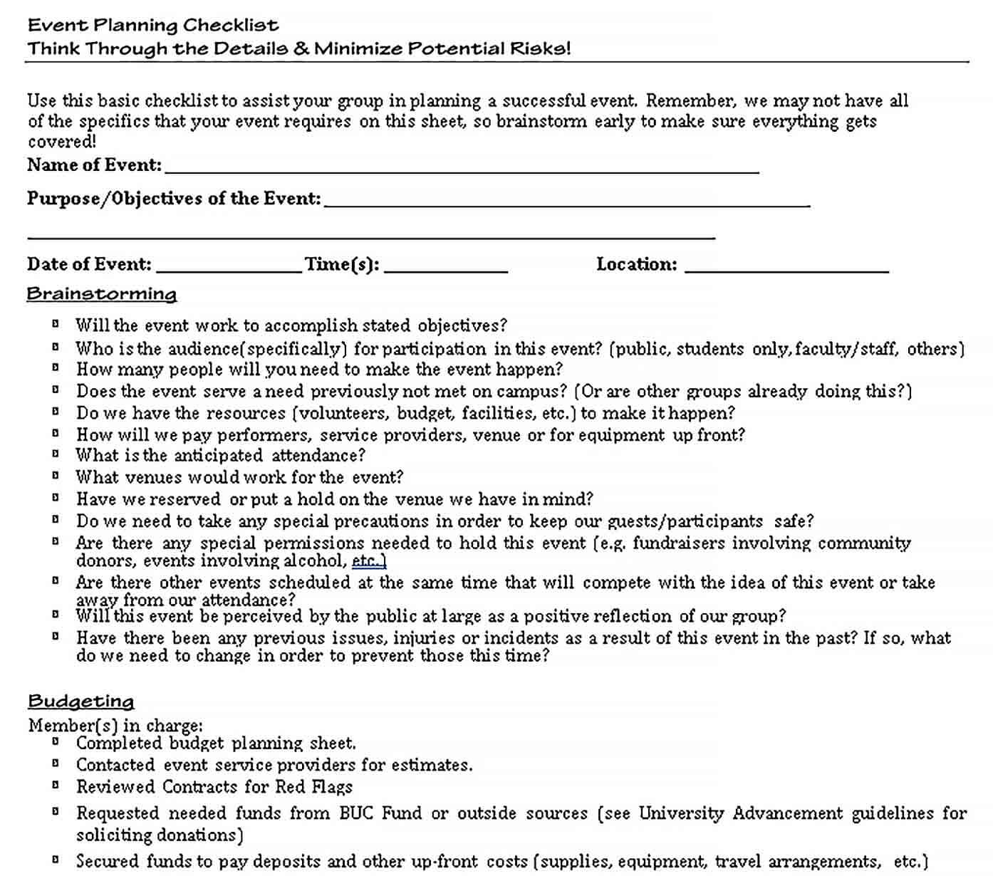 Sample Event Planning Checklist for Student Organization