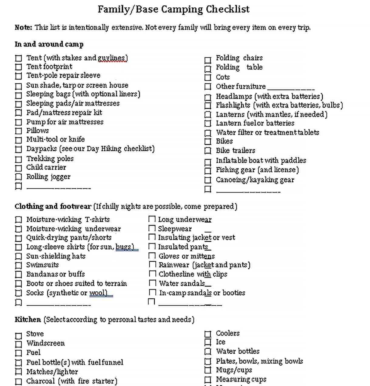 Sample Example Family Camping Checklist PDF Format