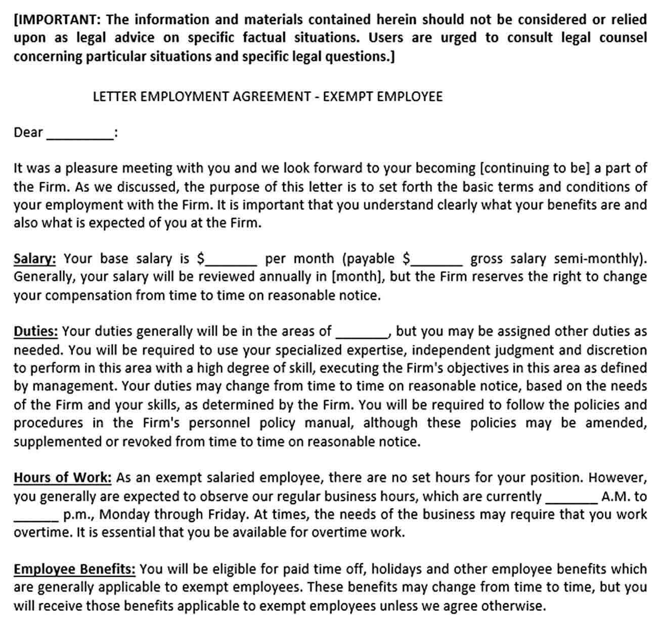 Sample Exempt Employee Employement Agreement Letter