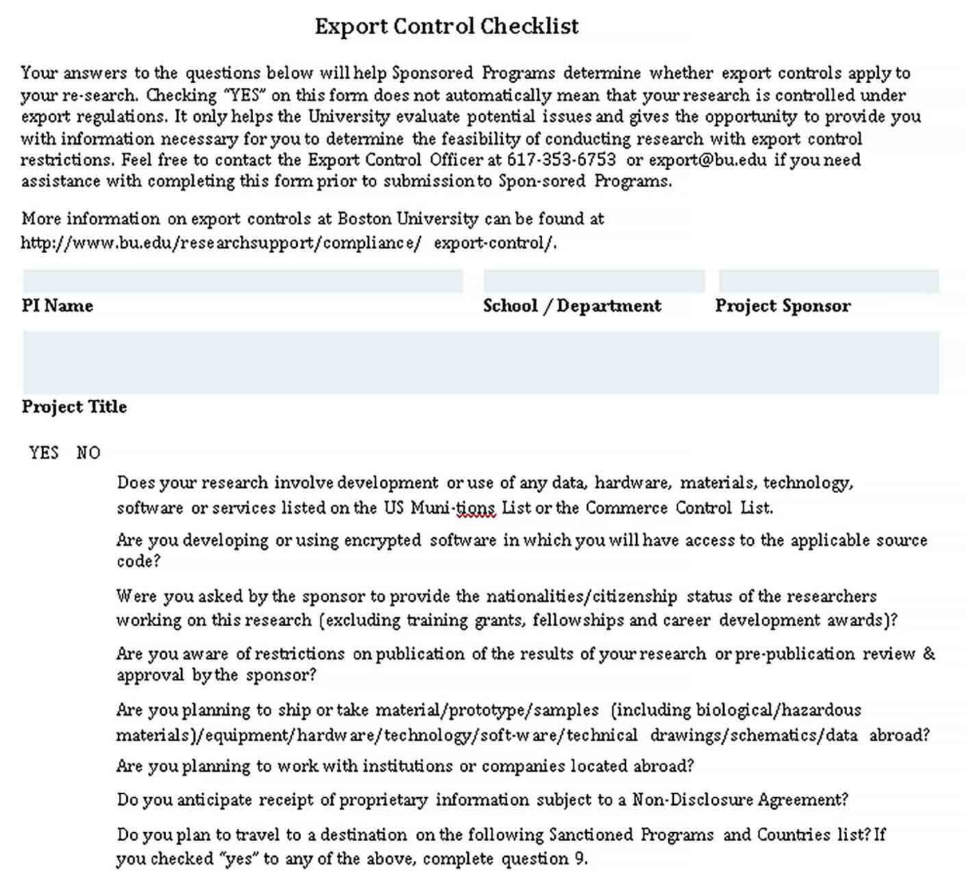 Sample Export Control Checklist Template