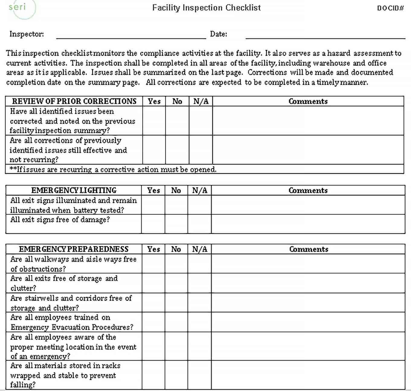 Sample Facility Inspection Checklist