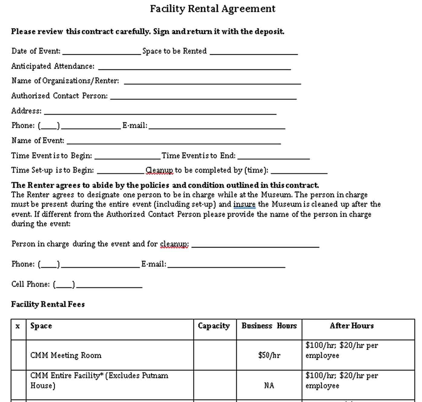 Sample Facility Rental Agreement Form