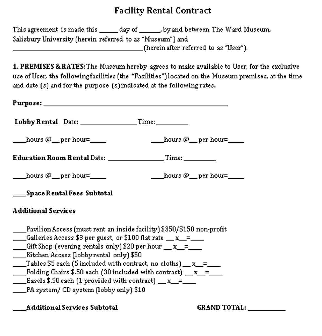 Sample Facility Rental Contract