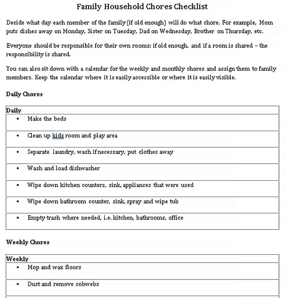 Sample Family Household Chores Checklist Template
