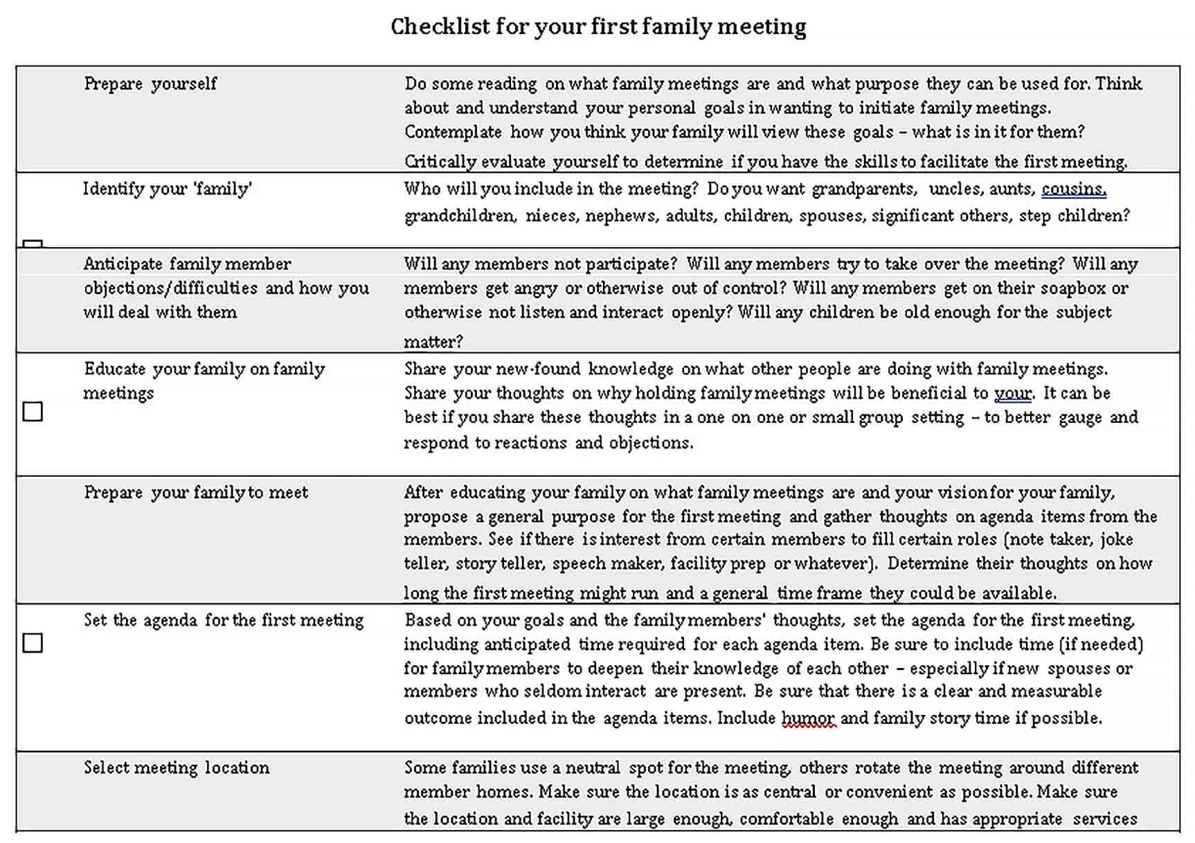 Sample Family Meeting Checklist Template 1