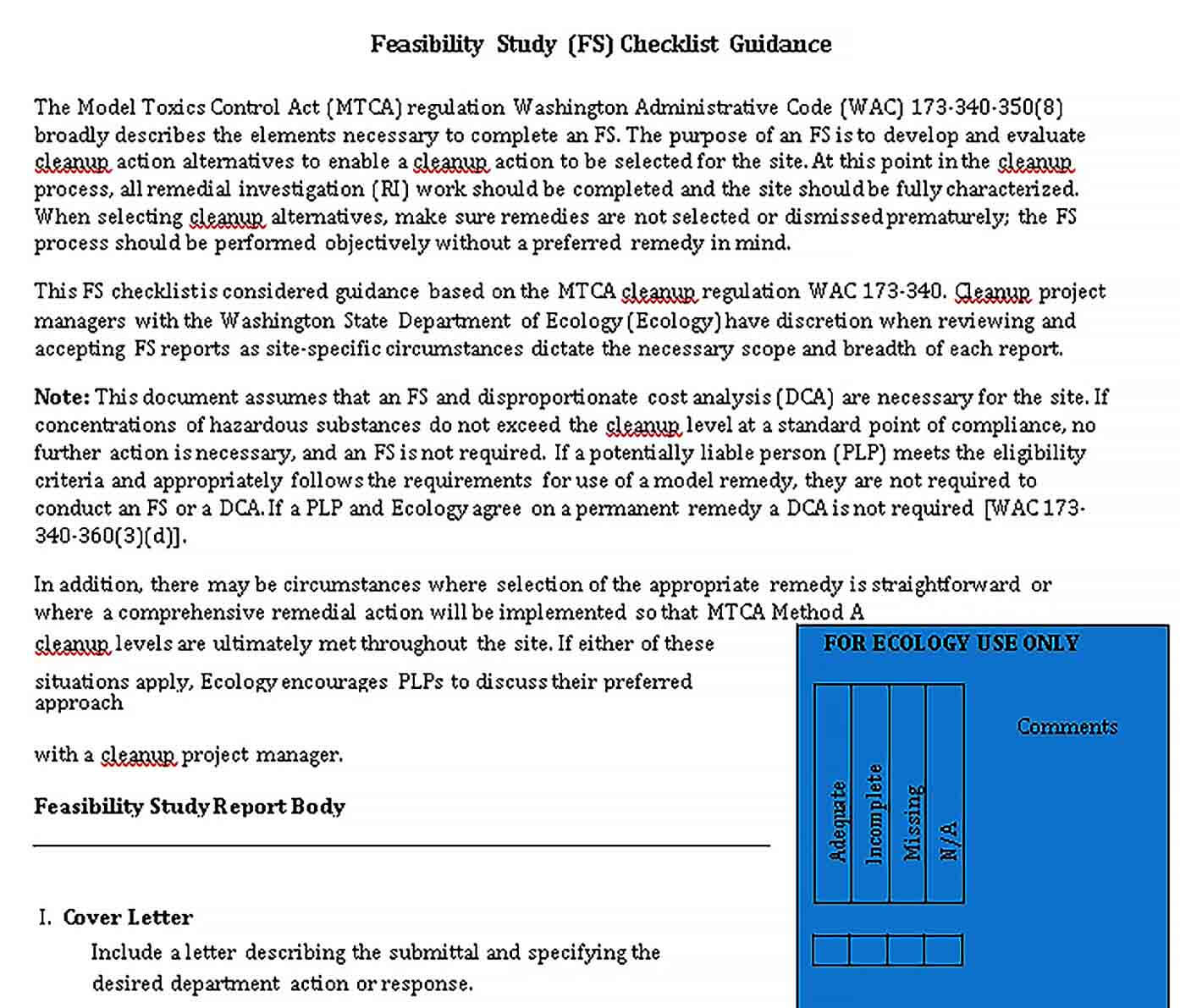 Sample Feasibility Study Checklist Template
