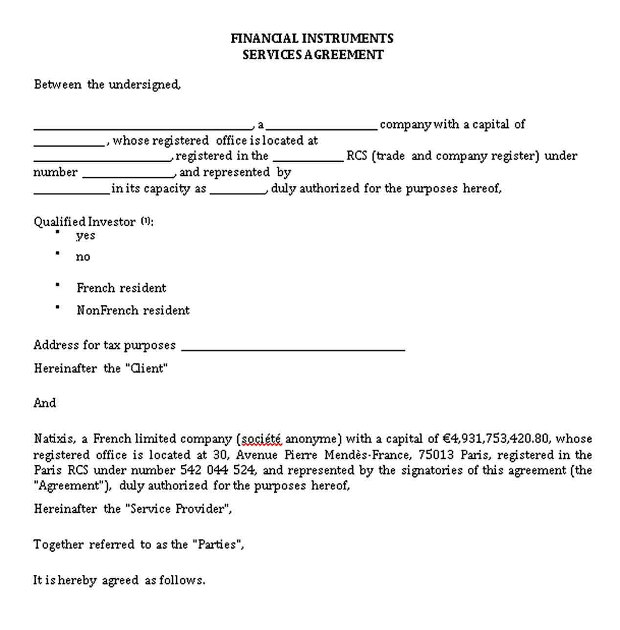 Sample Financial Instruments Services Agreement