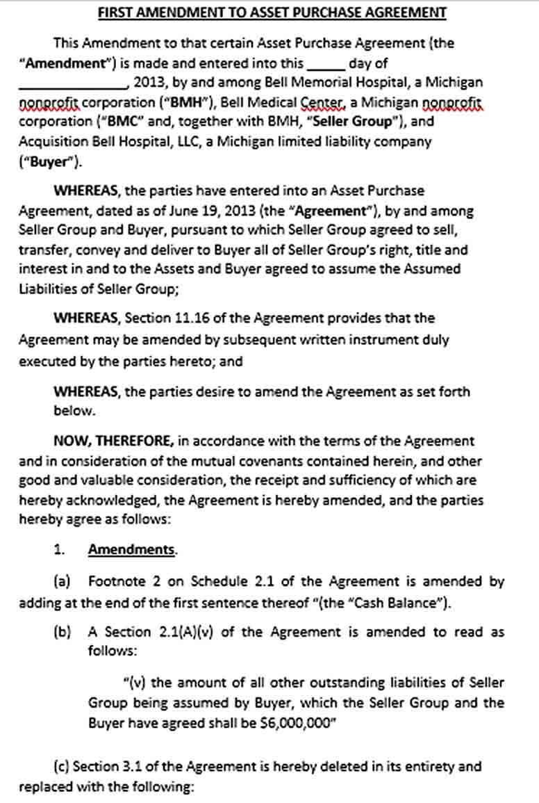 Sample First Amendment Asset Purchase Agreement