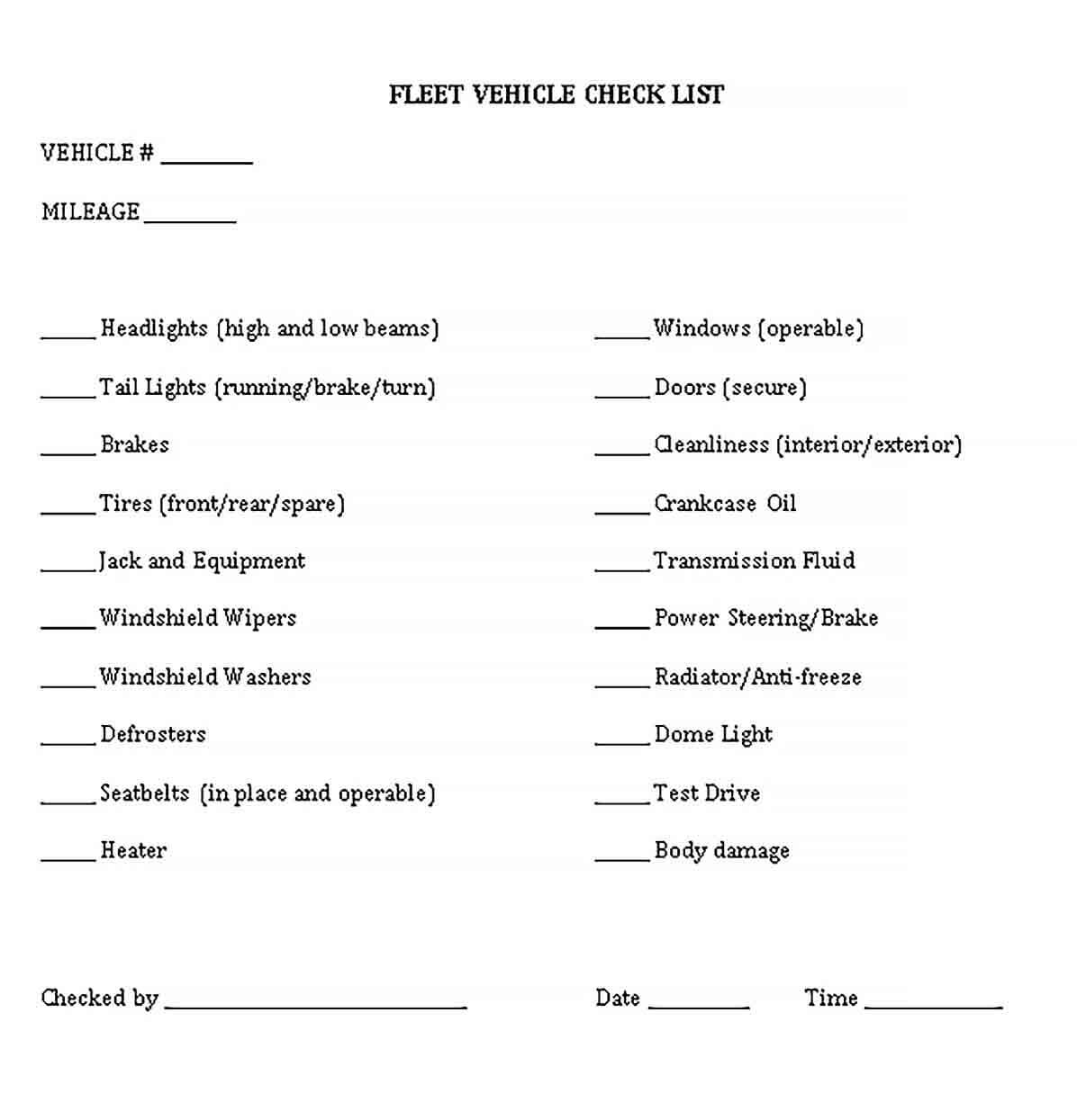 Sample Fleet Vehicle Checklist Template